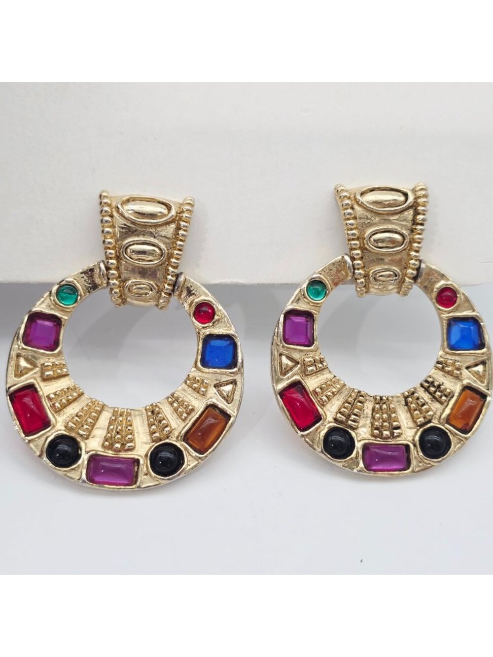 1960s Gold-Tone Clip-On Earrings Multicolor Gemstone Accents Statement 2.25"